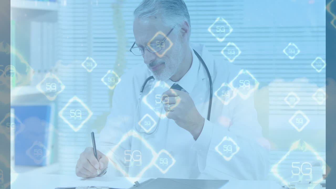 Writing notes, doctor in office with 5G technology animation overlay