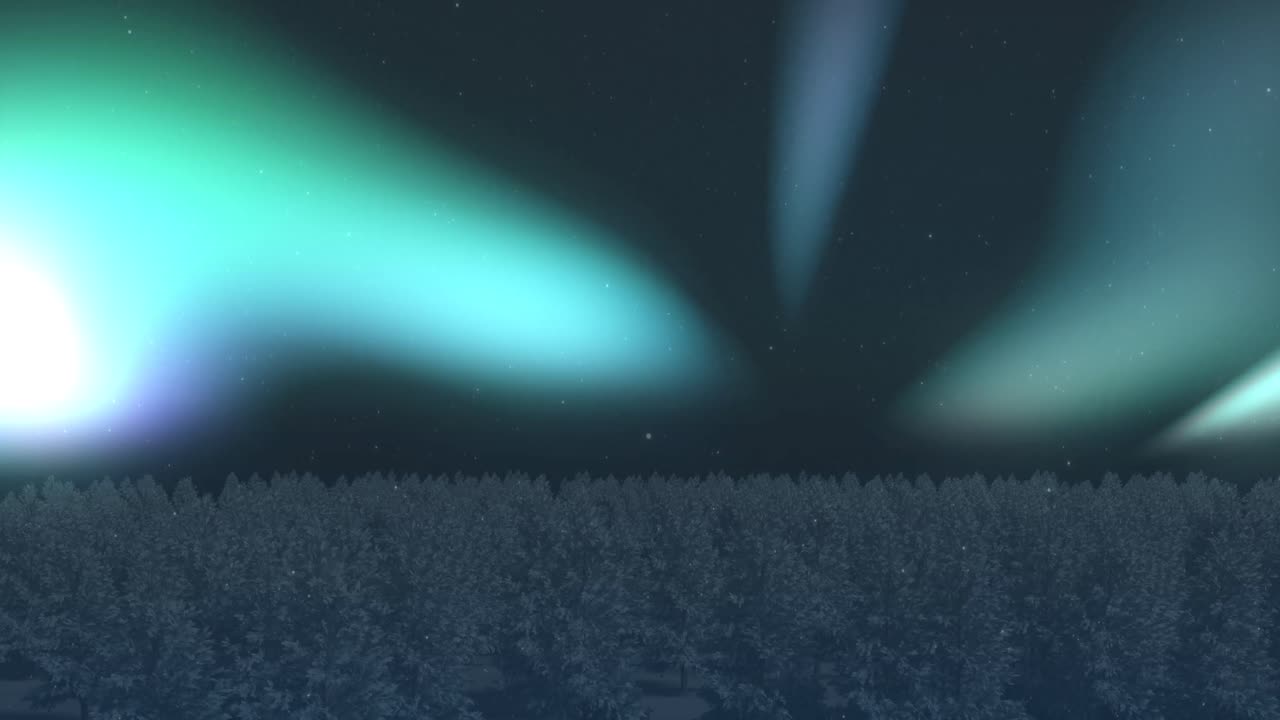 animación de la aurora boreal brillando sobre los abetos cubiertos de nieve en invierno