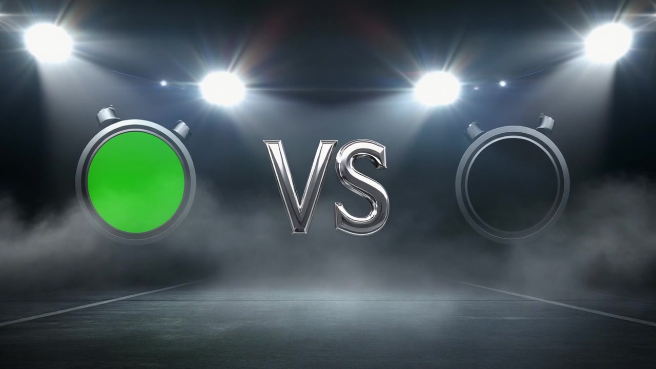 Versus-näyttö alaslaskenta-ajastimilla ja kohdevalotaustalla