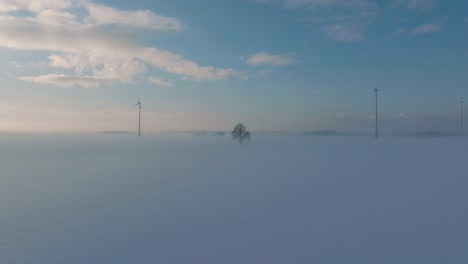 Vista-Aérea-De-Las-Turbinas-Eólicas-Que-Generan-Energía-Renovable-En-El-Parque-Eólico,-Paisaje-Rural-Lleno-De-Nieve-Con-Niebla,-Tarde-Soleada-De-Invierno,-Tiro-Amplio-De-Drones-Que-Avanza-Bajo