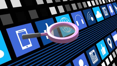 Animation of magnifying glass spinning over digital icons background