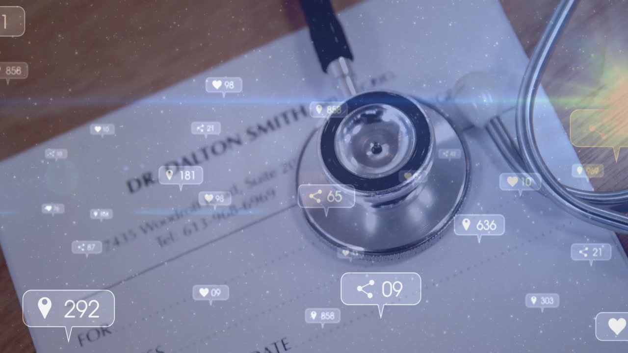 Social media interaction icons animation over stethoscope and medical document