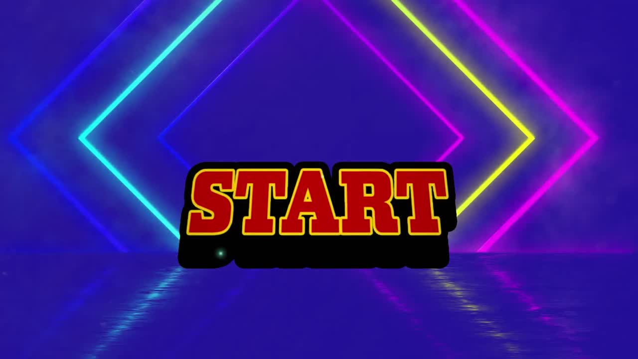 Animation of start text over neon shapes on blue background