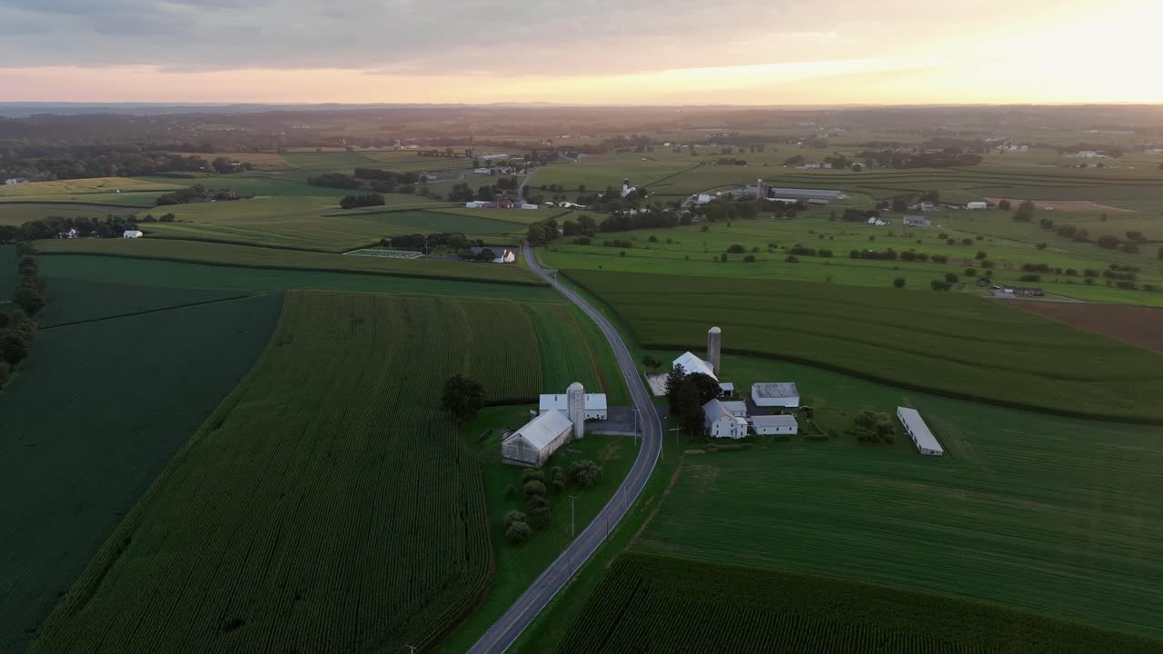 Intersection road between white farmhouse, barn and silo storage at sunset time. American countryside in rural area with green farm fields. Quiet atmosphere scene on summer. Aerial wide shot