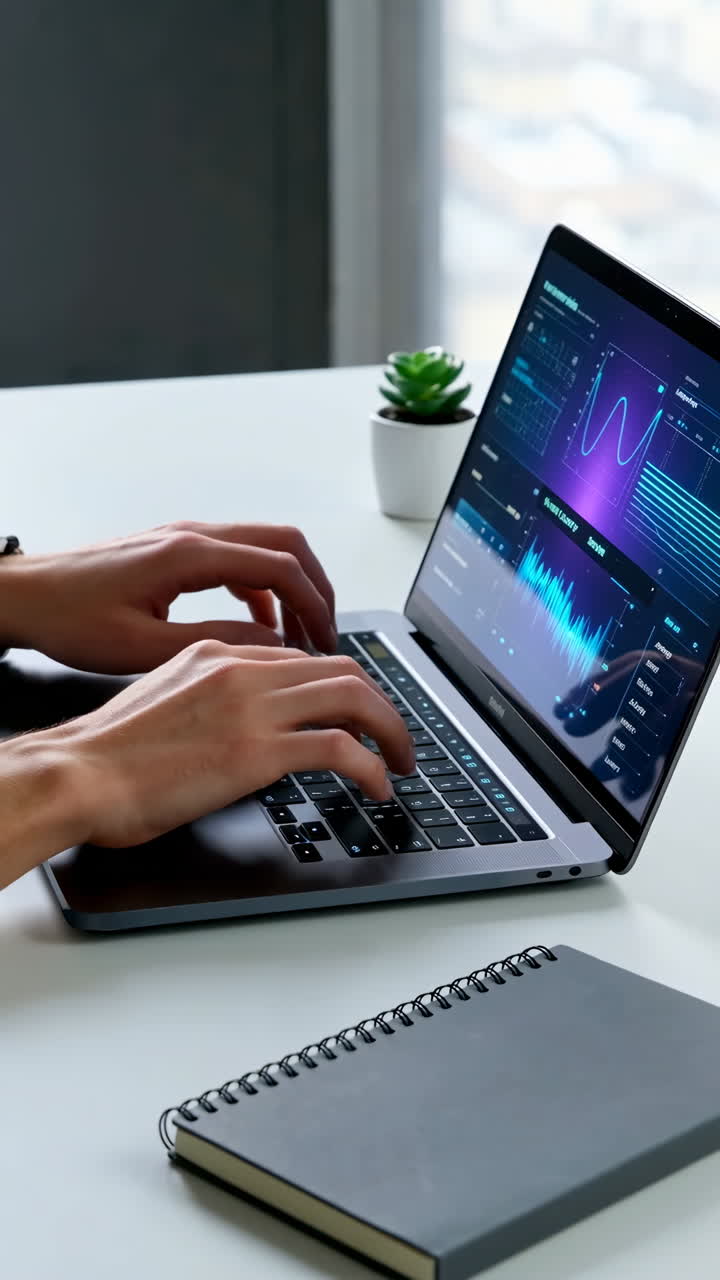 Person working on a laptop with data analytics on screen