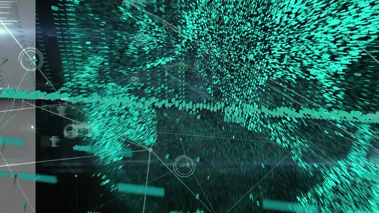 Animation of network of connections with data processing over globe on black background
