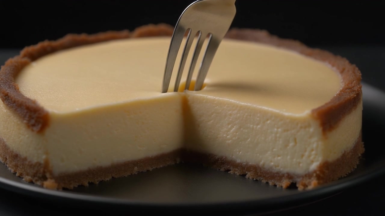 Fork Pressing Into a Creamy Cheesecake on a Black Plate