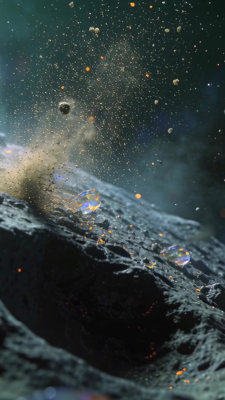 Vertical video: Small impact striking crater surface at asteroid sending dust, crystals, embers