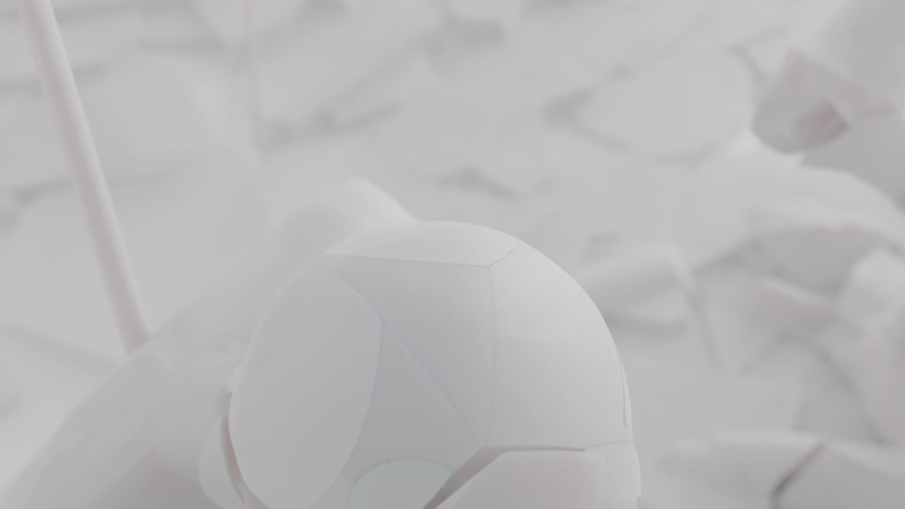 Crushed android shells on spikes on a foggy, white junkyard