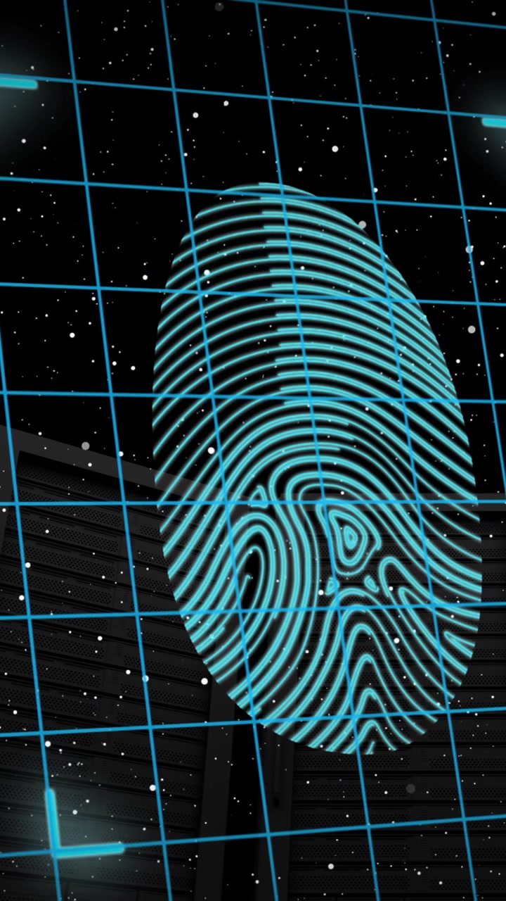 Animation of padlock in shields, scanning fingerprint over low angle view of server racks