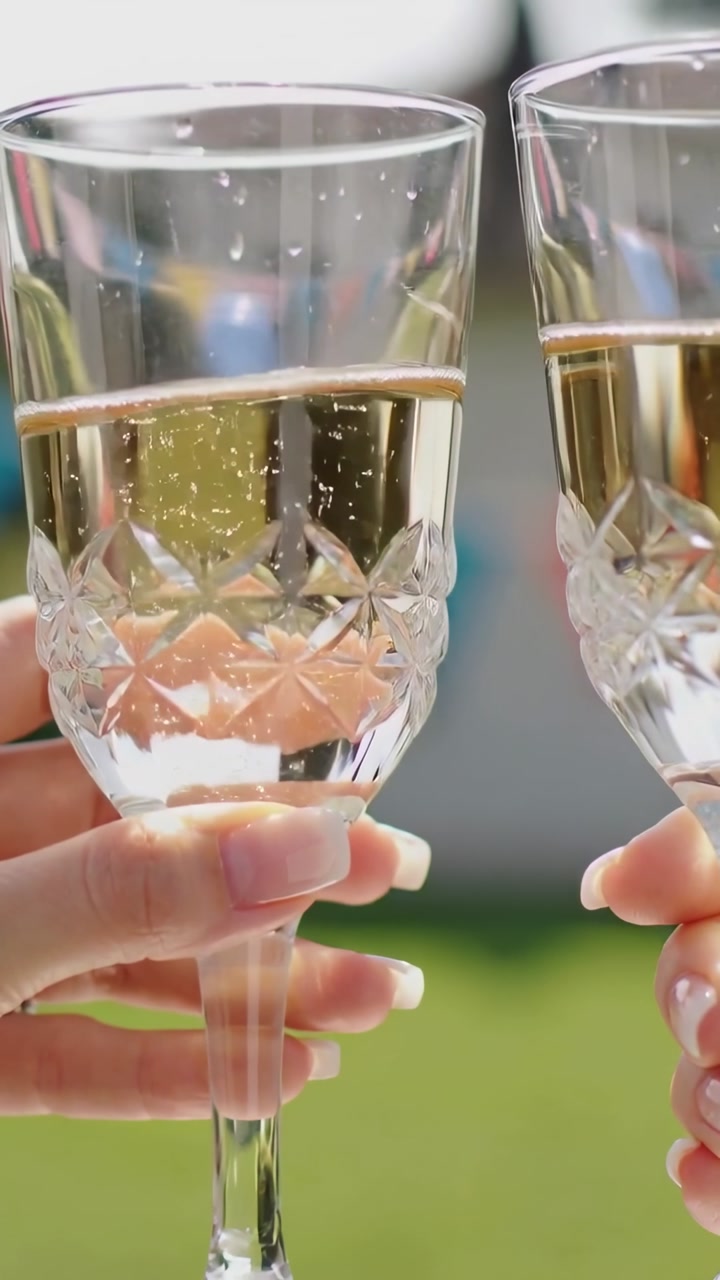 Vertical video: Hands holding crystal glasses bringing together in garden for toast amid bunting