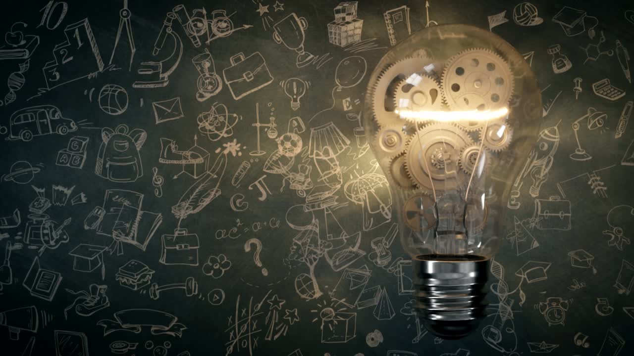 기어가 전구 안에서 회전합니다. 창의적인 아이디어 메커니즘. 3d 렌더 애니메이션.