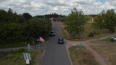 Vorwärtsverfolgung-Des-Autos,-Das-Durch-Das-Dorf-Fährt.-Dänische-Fahnen-An-Stangen-Entlang-Der-Straße.-Pferde-Grasen-Auf-Frischem-Grünen-Gras.-Dänemark