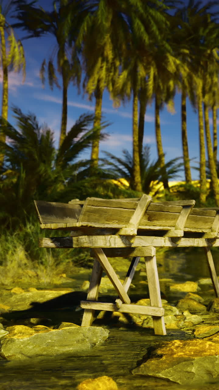 Wooden structure near water surrounded by palm trees in a desert landscape
