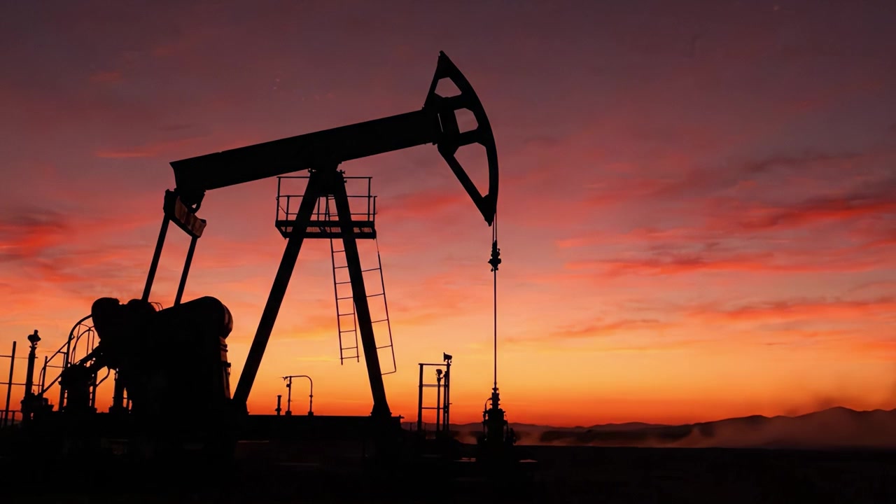 Pompa di estrazione petrolifera in silhouette contro un vibrante cielo al tramonto, catturando la bellezza industriale dell'estrazione di energia durante l'ora d'oro.