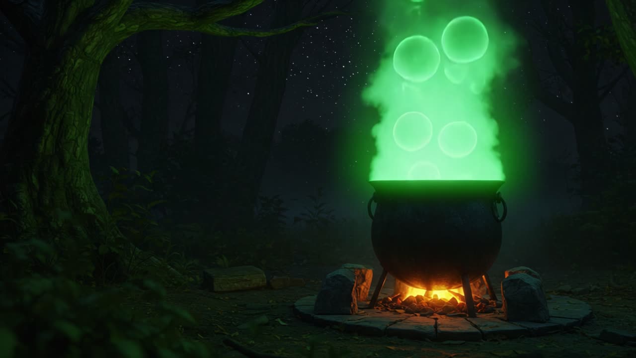 Enchanting Cauldron in a Mystical Forest: Glowing Green Bubbles Emerge from a Bubbling Pot Surrounded by Dark Woods and Shimmering Stars at Night