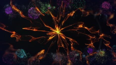 animation of orange energy ball and colourful fireworks, on black background