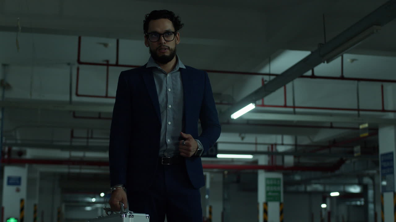 Businessman Walking in an Underground Parking Garage at Night