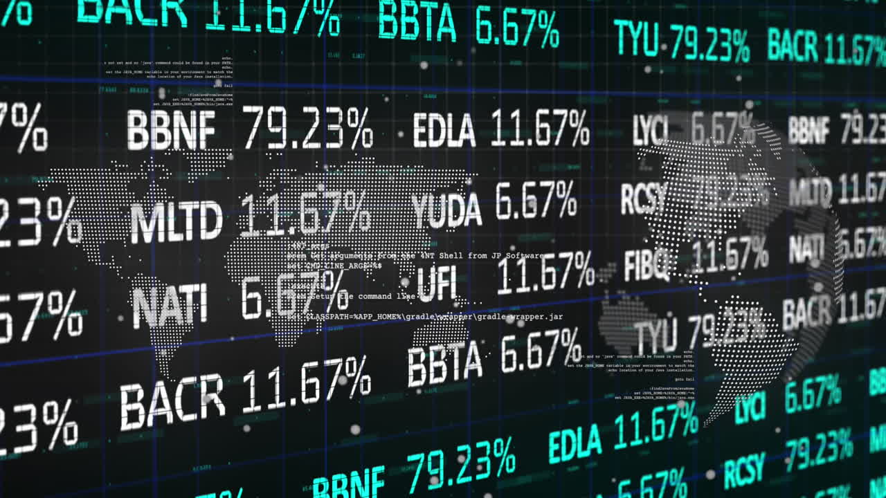 Animation of stock market data processing over world map and spinning globe on black background