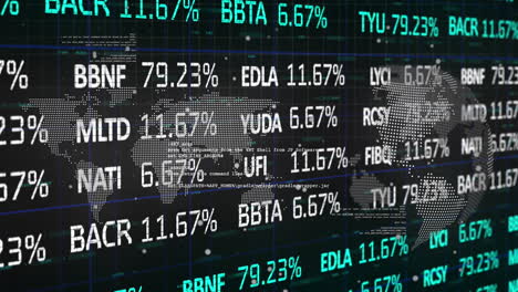 animation of stock market data processing over world map and spinning globe on black background