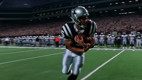 american football player running with ball in a stadium night game