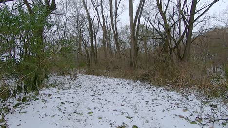 pov from the rear of off road vehicle atv while driving on a snow covered trail through the woods on a cloudy winter afternoon