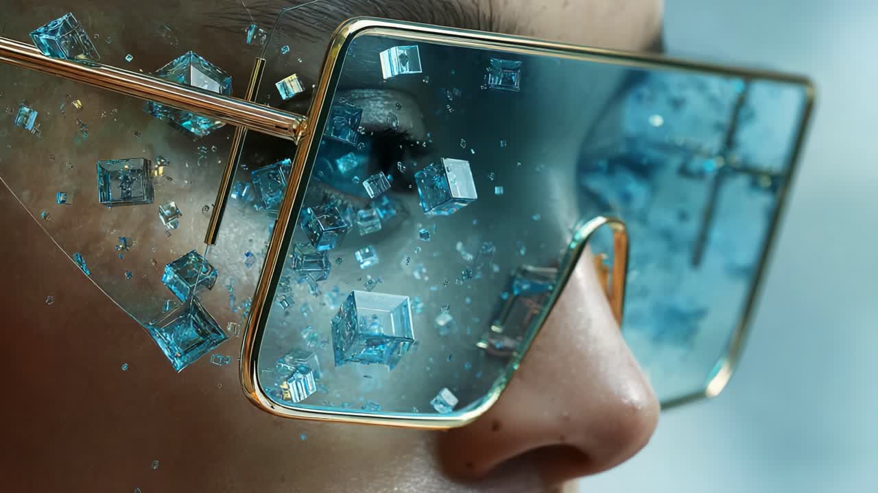 A close-up view of a face adorned with striking oversized sunglasses, featuring intricate designs and three-dimensional blue crystal elements floating within the lenses, creating a futuristic aesthetic