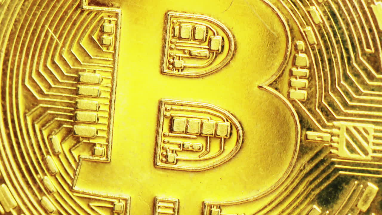 Close up macro golden bitcoin crypto currency blockchain