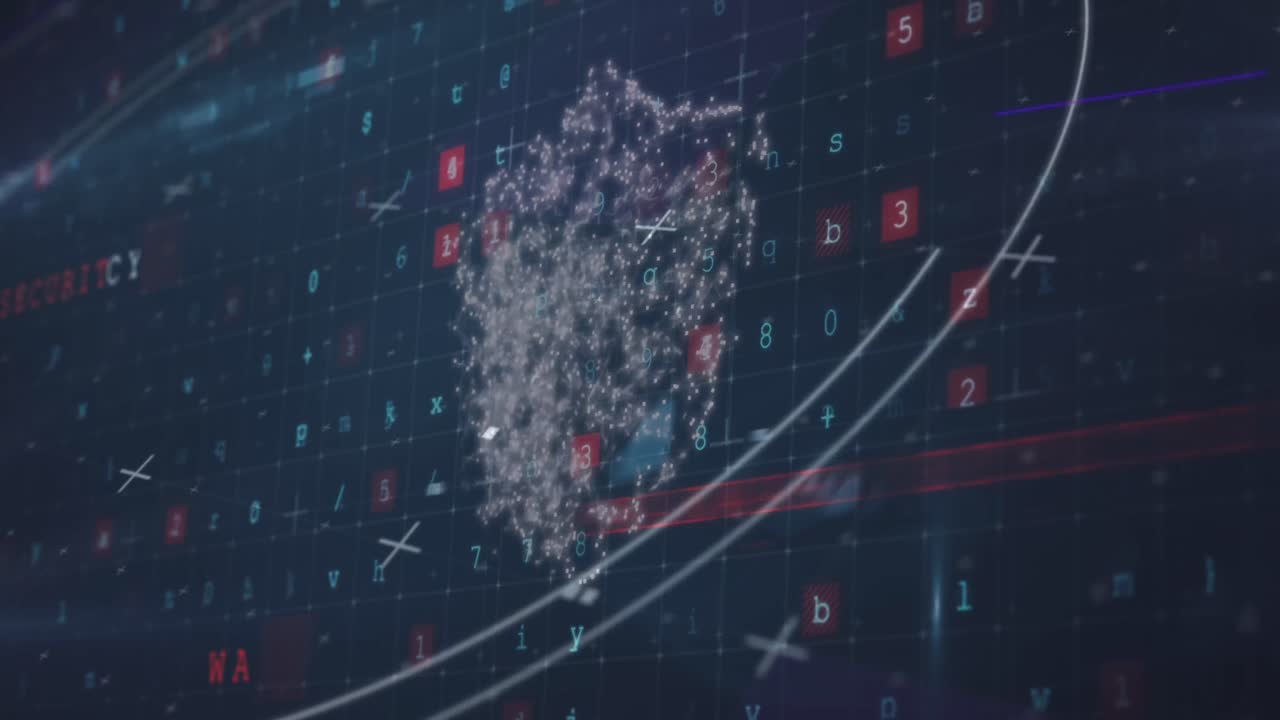 animación de escaneo de alcance, candado de seguridad en línea con texto de advertencia de ataque cibernético en segundo plano