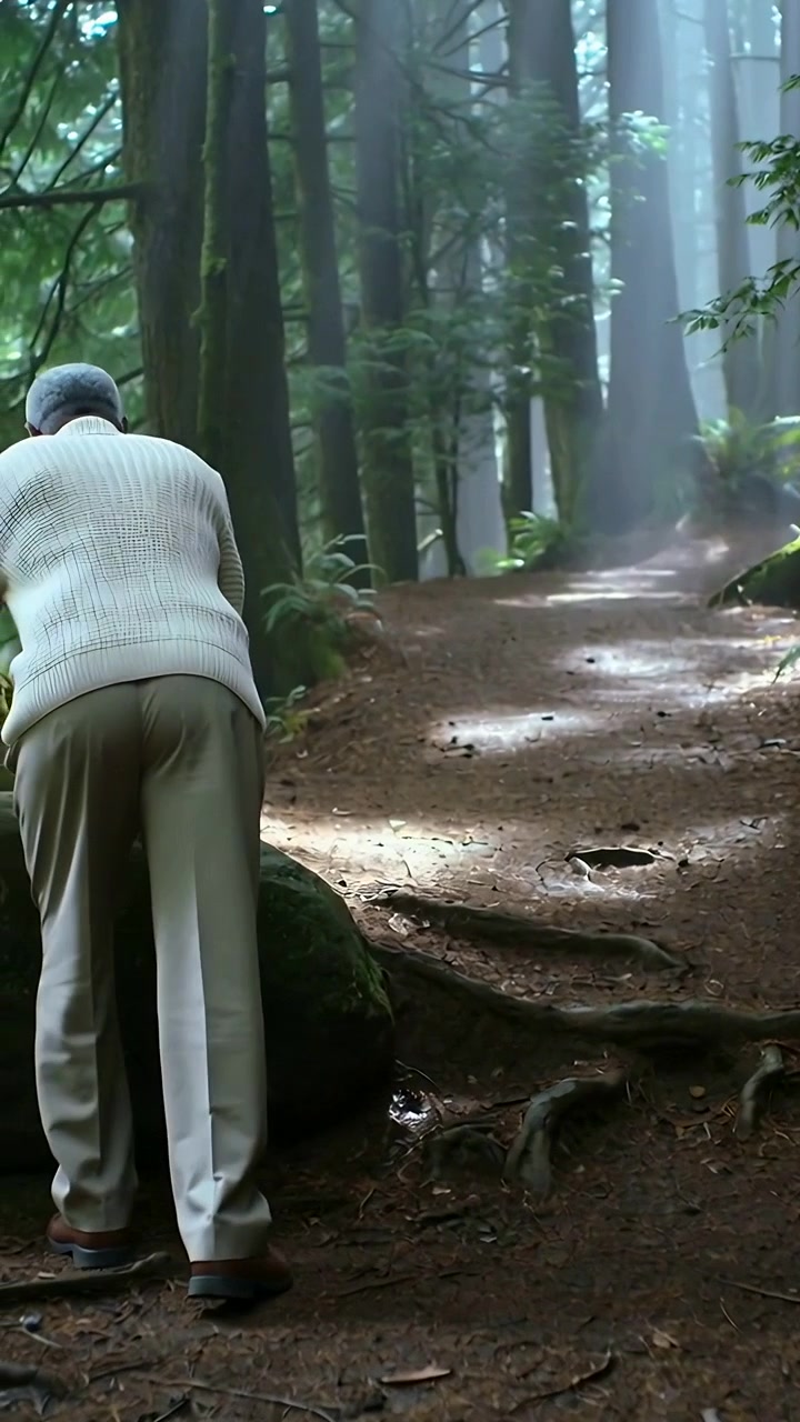 Video verticale: Uomo che cammina verso una roccia muschiosa su un sentiero nel bosco, appoggiandosi alla roccia, con indosso un maglione