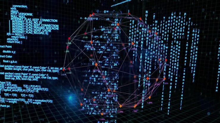Web of connections forming a globe and data processing against blue background