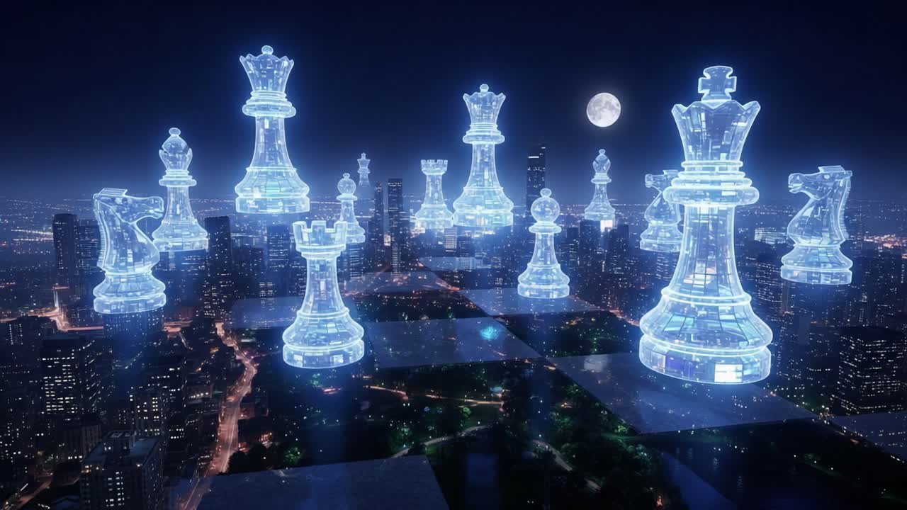 Illuminated Chess Pieces Hovering Over a Cityscape Under the Moonlight, Showcasing a Unique Blend of Strategic Play and Futuristic Aesthetics in a Nighttime Setting