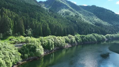 Area-at-risk-for-landslide-along-european-road-E16-at-Boge-in-Vaksdal-Norway,-aerial