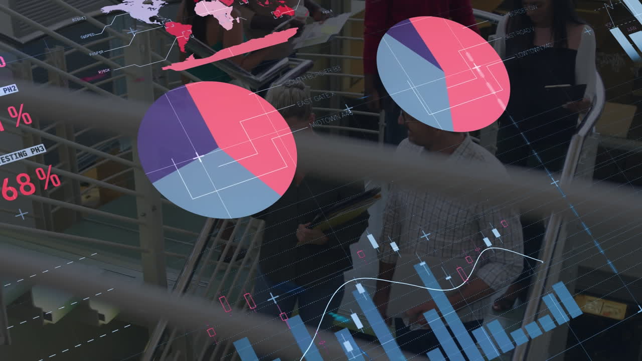 Animation of data processing against overhead view of people walking down the stairs at office