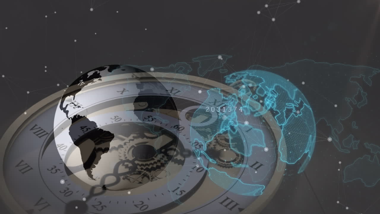 연결 네트워크와 떨어지는 시계에 대한 데이터 처리와 함께 지구의 애니메이션