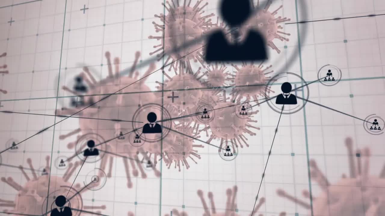 red de iconos de perfil sobre red de rejilla contra múltiples células de covid-19 en fondo rosa