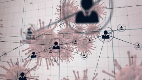 Network of profile icons over grid network against multiple covid-19 cells on pink background