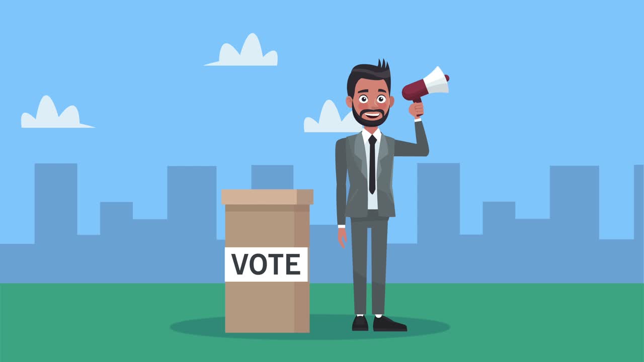 마가폰과 투표 상자를 가진 남성 후보