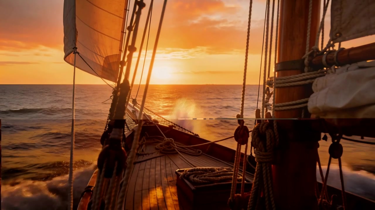 Onda che si infrange sulla prua, ponte di una nave a vela che taglia verso il tramonto, catturando sartiame e spruzzi.