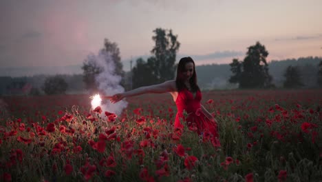 portrait of pretty brunette girl in a red dress dancing with red burning signal flare in poppy field