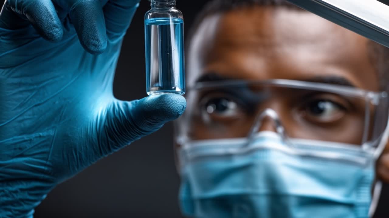 Professional male scientist in mask and goggles holding a glass vial with blue liquid in lab