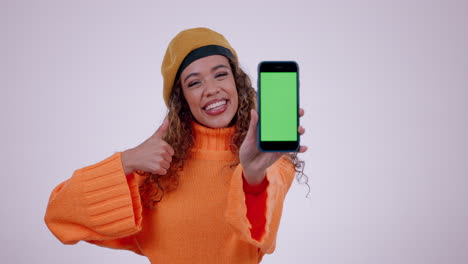 happy woman, phone mockup and thumbs up with green