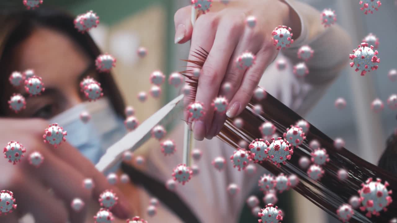 코로나바이러스 세포의 애니메이션 카우카시안 여성 미용사와 얼굴 마스크를 착용한 여성