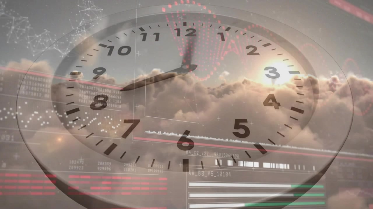 Avvio della riproduzione, orologio analogico in rotazione, nuvole che si spostano, barre HUD che si aggiornano per il monitoraggio del tempo tramite tecnologia.