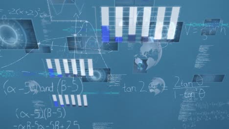 Animation-of-mathematical-equations-and-data-processing-on-blue-background