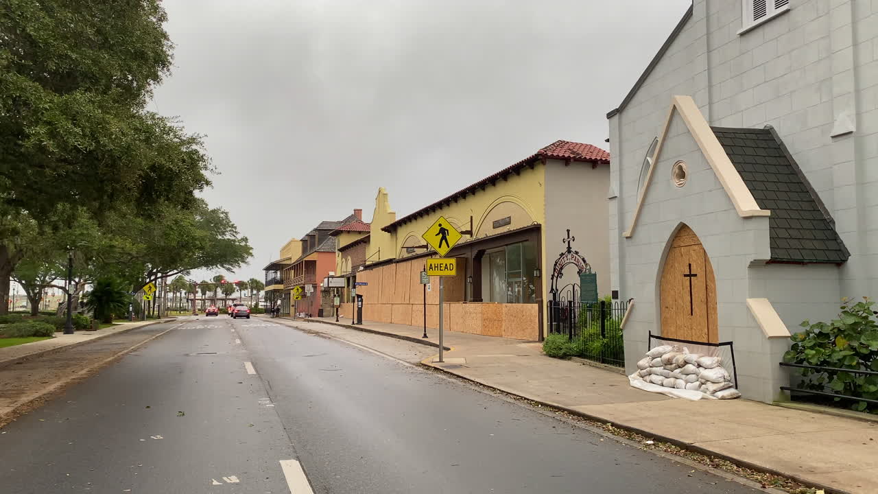 Businesses and church boarded up to protect from hurricane wind and rain damage