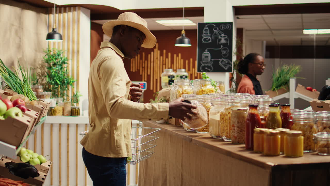 cliente afroamericano comprando pasta o granos en frascos