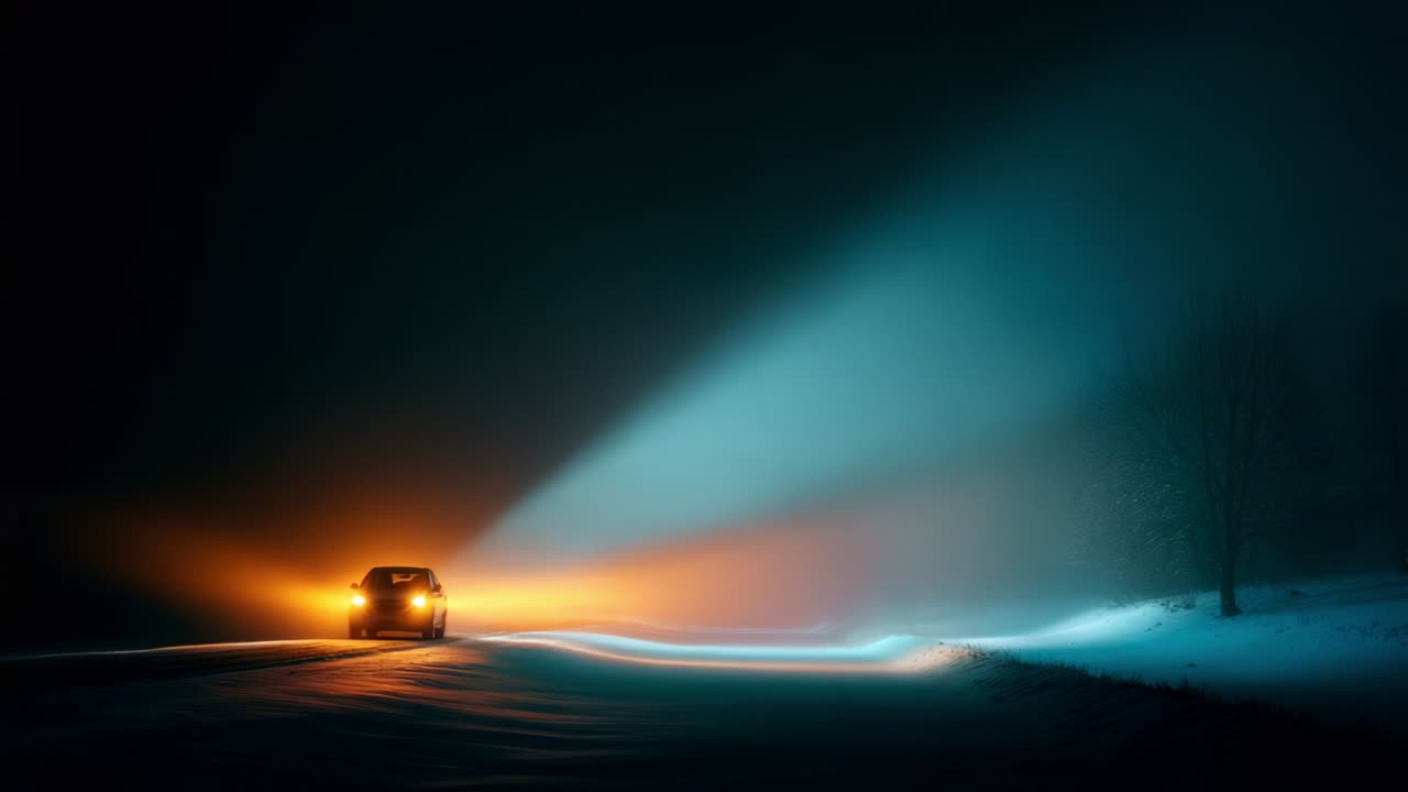 A solitary vehicle navigates through a misty winter landscape, illuminated by striking beams of headlights that cut through the dense fog, highlighting the serene yet eerie atmosphere of a snowy night