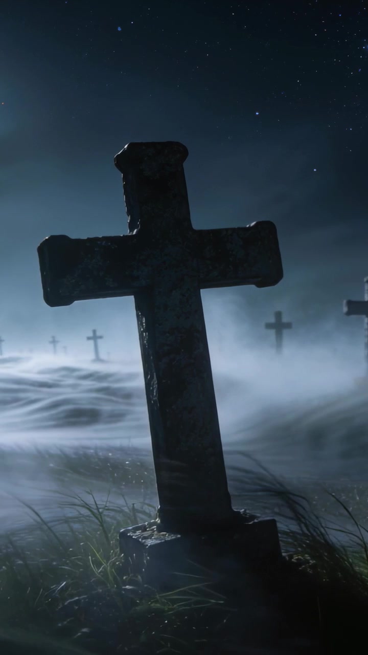 Video verticale: Telecamera inquadra croce di pietra, brezza che muove la nebbia in un cimitero che mostra croci distanti