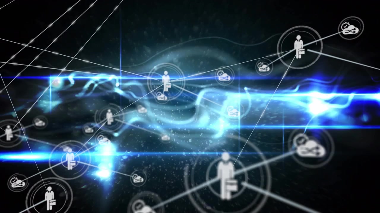 Animation of network of digital icons over glowing green and blue digital wave on black background